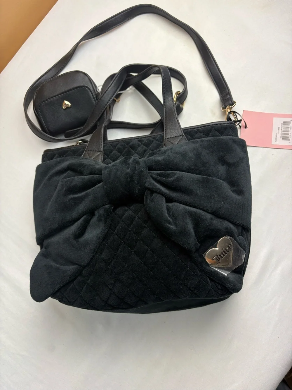 Juicy Couture Black Quilted Bow Shoulder Bag with Heart Charm